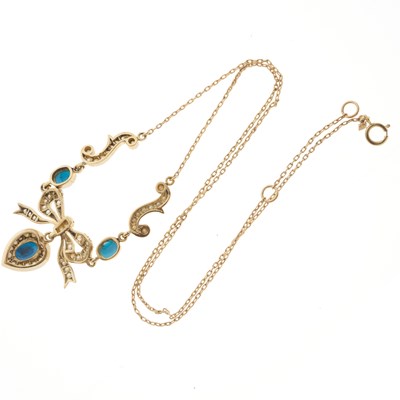 Lot 118 - A mid 20th century 15ct gold turquoise and pearl heart necklace