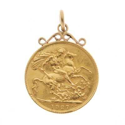 Lot 31 - George V, a gold full sovereign coin dated 1927, with pendant mount