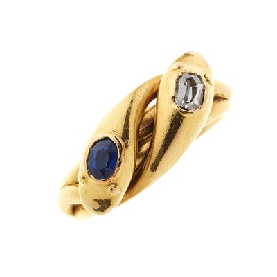 Lot 23 - A late Victorian 18ct gold diamond and sapphire double snake ring