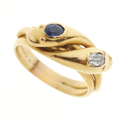 Lot 23 - A late Victorian 18ct gold diamond and sapphire double snake ring