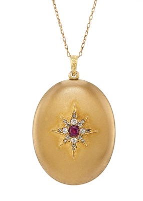 Lot 102 - A late Victorian 15ct gold ruby and diamond locket pendant, with chain