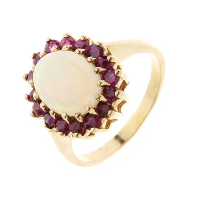 Lot 166 - A gold opal and ruby cluster dress ring