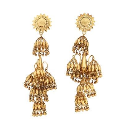 Lot 127 - A pair of gold tiered drop earrings