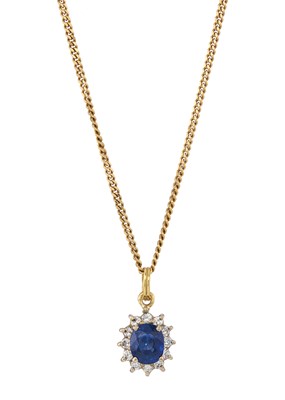 Lot 52 - An 18ct gold sapphire and diamond cluster pendant, with chain