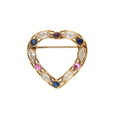 Lot 72 - An 18ct gold ruby, sapphire and cubic zirconia heart-shape brooch