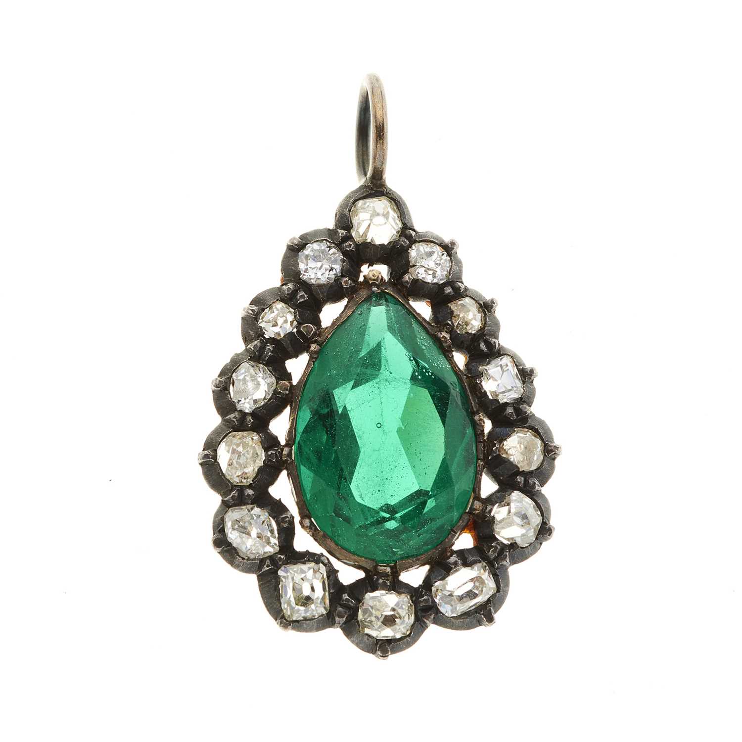 Lot 14 - A 19th century green paste and diamond cluster pendant