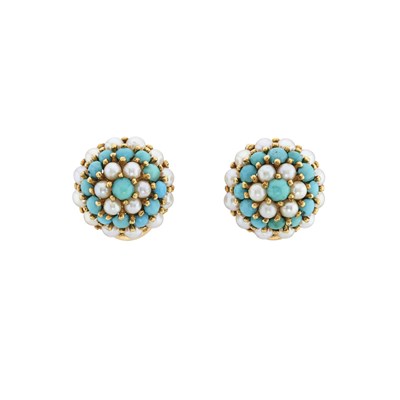 Lot 129 - A pair of 18ct gold turquoise and pearl clip earrings