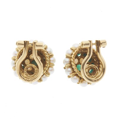 Lot 129 - A pair of 18ct gold turquoise and pearl clip earrings