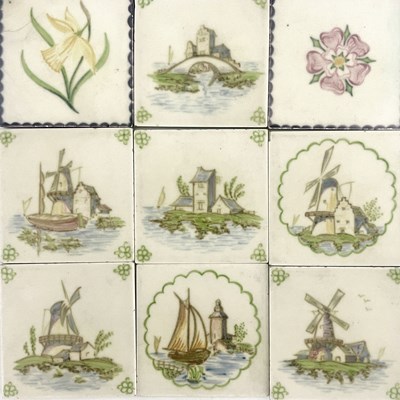 Lot 884 - A set of five Pilkingtons tiles, painted with...