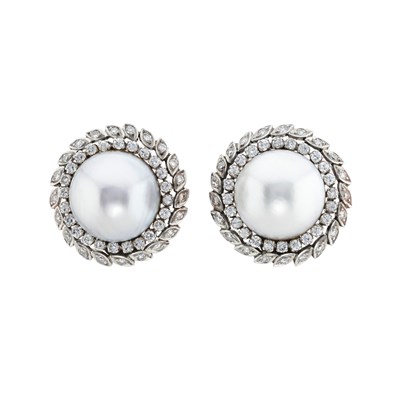 Lot 160 - A pair of mabe pearl and diamond cluster clip earrings