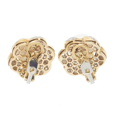 Lot 59 - A pair of 18ct gold pearl and diamond flower clip earrings