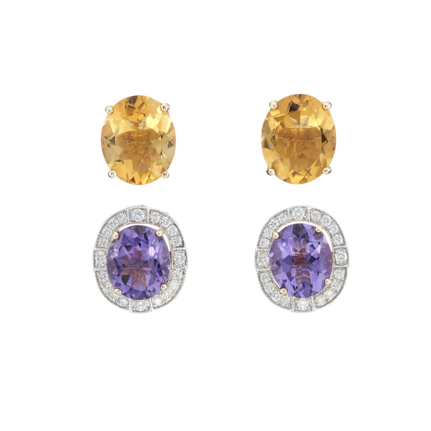 Lot 154 - A pair of gold amethyst, citrine and diamond cluster stud earrings