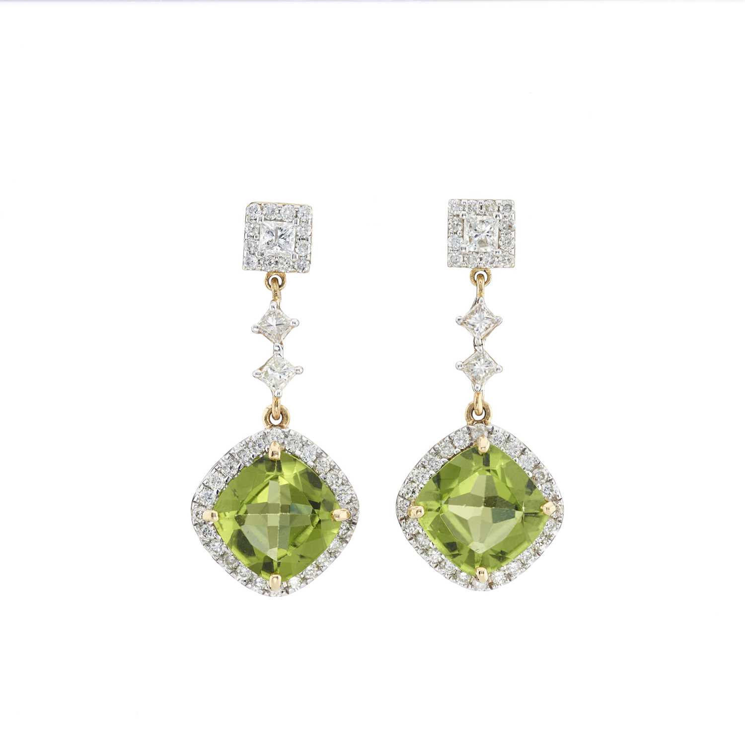 Lot 79 - A pair of 18ct gold peridot and diamond cluster drop earrings