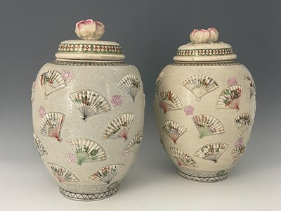 Lot 599 - A large pair of Japanese satsuma ware vases...