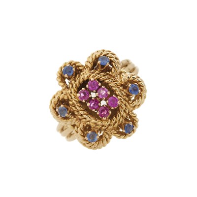 Lot 177 - A 1970s 18ct gold pink and blue sapphire floral dress ring