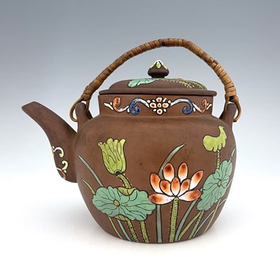 Lot 564 - A Chinese Yixing teapot and cover, enamelled...