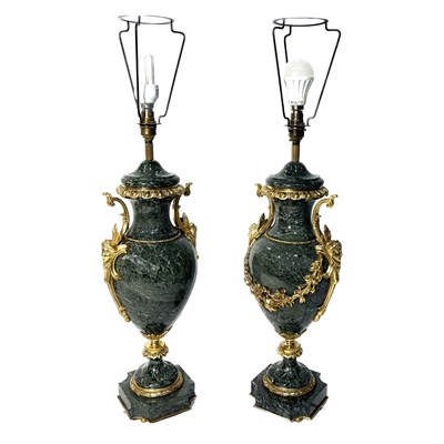 Lot 290 - A pair of green-veined marble table lamp bases,...
