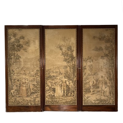 Lot 499 - A mahogany framed triple panel room divider...