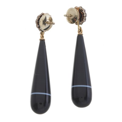 Lot 14 - A pair of late Victorian onyx and diamond drop earrings