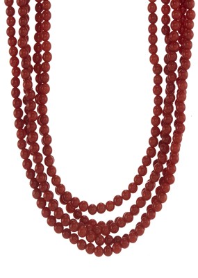 Lot 138 - A mid 20th century coral multi-row necklace, with gold clasp