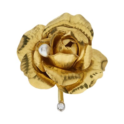 Lot 76 - Cartier, a 1960s 18ct gold diamond and pearl rose brooch