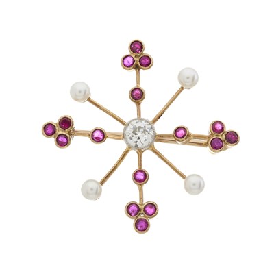 Lot 18 - An Edwardian gold diamond, ruby and pearl brooch