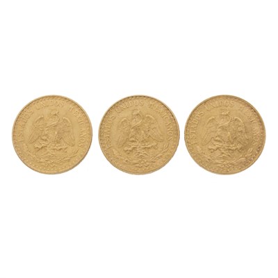 Lot 184 - Three Mexican gold two Pesos coins, dated 1945