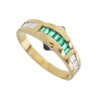 Lot 33 - An 18ct gold emerald, diamond and sapphire dress ring