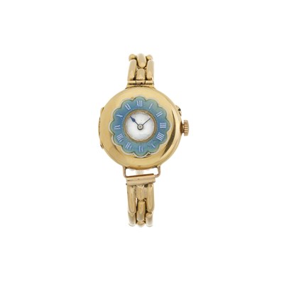 Lot 227 - An early 20th century 18ct gold enamel bracelet watch