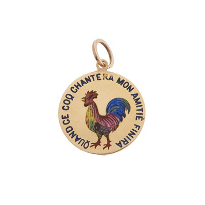 Lot 2 - A rare French gold and vari-hue enamel love token rooster pendant