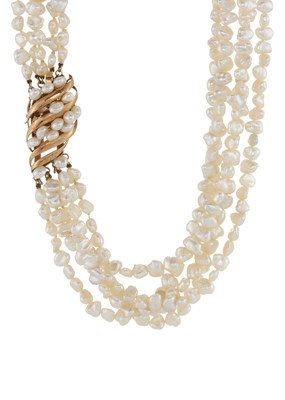 Lot 153 - A baroque pearl five-strand necklace, with 14ct gold clasp