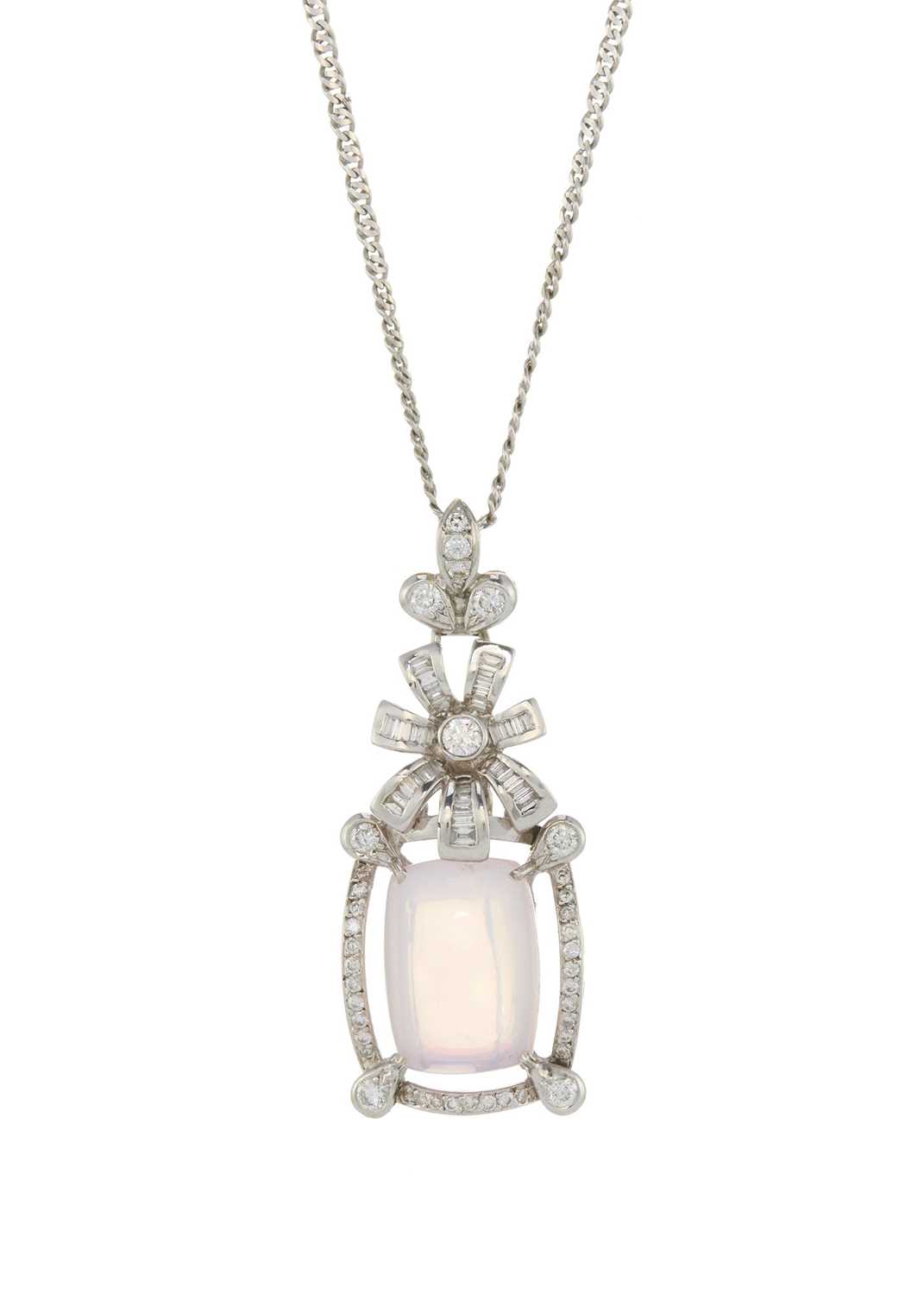 Lot 60 - An 18ct gold rose quartz and diamond floral pendant, with chain