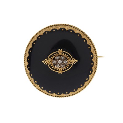 Lot 173 - A mid to late Victorian gold, black enamel and diamond pendant brooch
