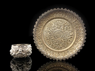 Lot 2 - An Indian white metal bowl and a Kutch plate,...