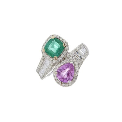 Lot 79 - An 18ct gold pink sapphire, emerald and diamond crossover dress ring