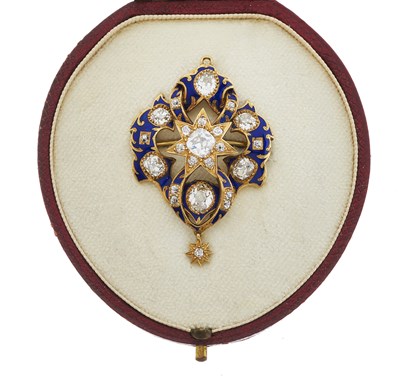 Lot 30 - A late Victorian gold, diamond and blue enamel pendant brooch