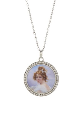 Lot 19 - An early 20th century platinum diamond portrait pendant, with chain