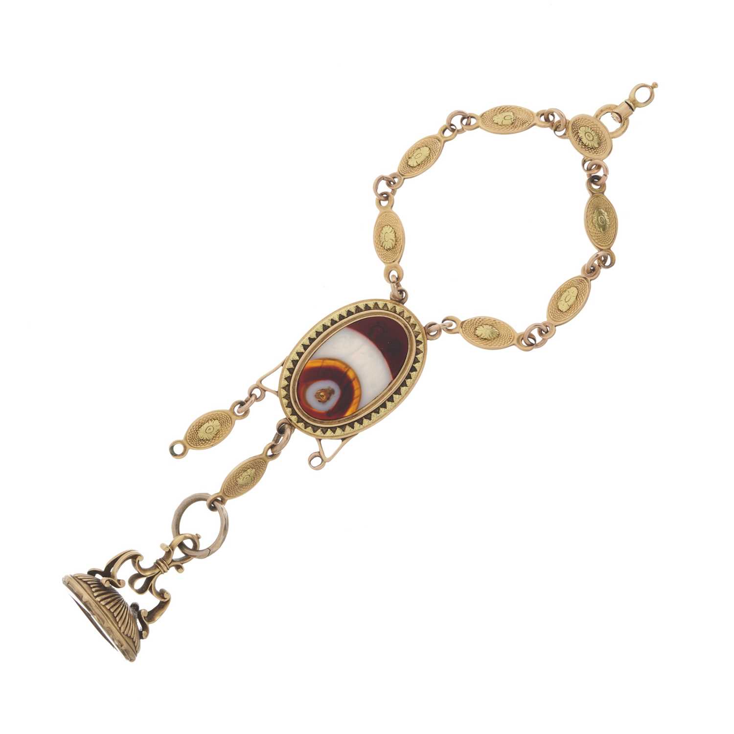 Lot 28 - A mid to late 19th century gold agate and citrine intaglio chatelaine