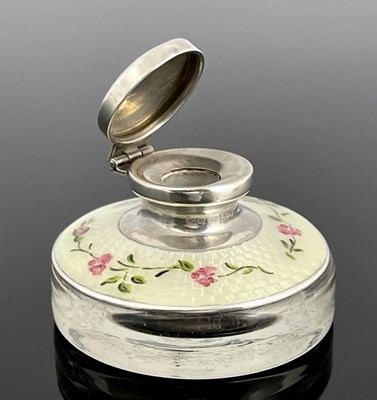 Lot 46 - A George V silver and enamelled inkwell,...
