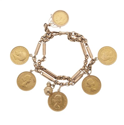 Lot 15 - A late Victorian 9ct gold Albert chain, suspending a selection of six gold coins