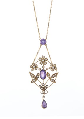 Lot 53 - An Edwardian 9ct gold amethyst and seed pearl necklace