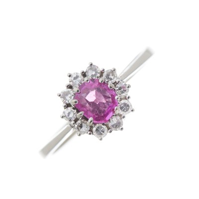 Lot 113 - A mid 20th century 18ct gold pink sapphire and diamond cluster ring