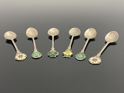 Lot 91 - A set of six Elizabeth II silver and enamelled teaspoons, Turner and Simpson, Birmingham 1953
