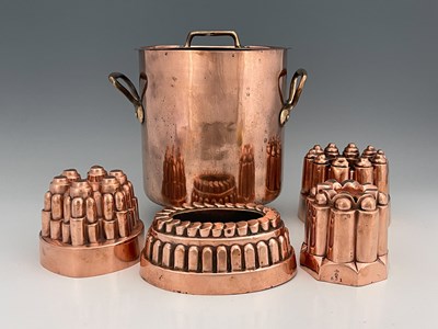 Lot 243 - Kitchenalia, four Victorian copper jelly...