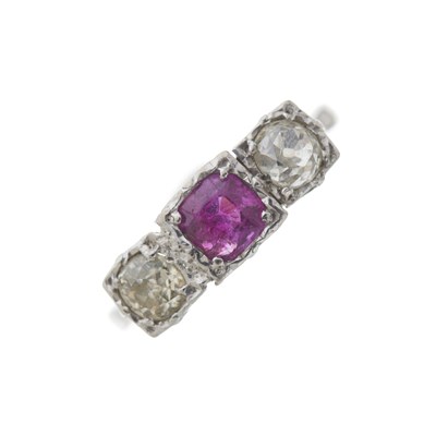 Lot 118 - A mid 20th century gold pink sapphire and diamond three-stone ring