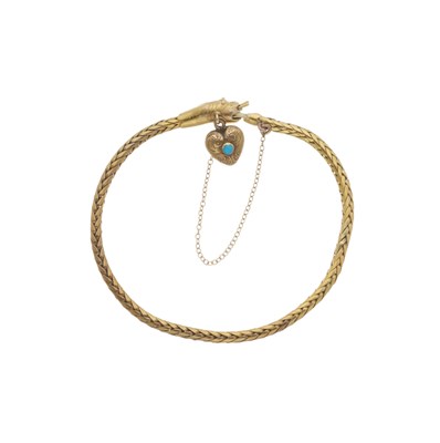 Lot 2 - A late Victorian gold snake bracelet, with turquoise heart drop