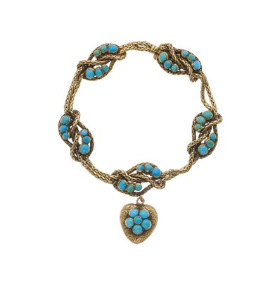 Lot 5 - A late Victorian gold turquoise bracelet, with heart locket drop