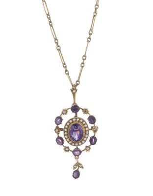 Lot 58 - An early 20th century 9ct gold amethyst and pearl necklace