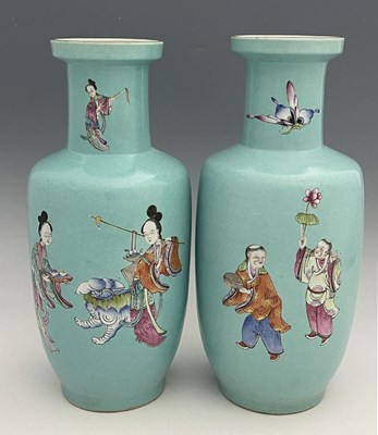 Lot 438 - A pair of Chinese turquoise ground vases,...