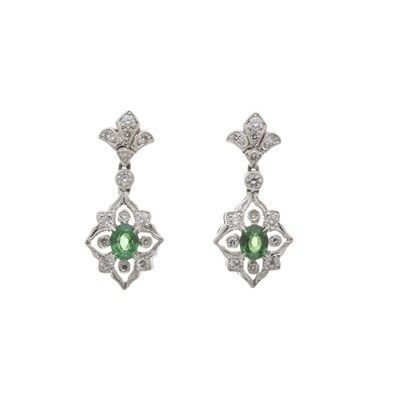 Lot 28 - A pair of 18ct gold green garnet and diamond drop earrings